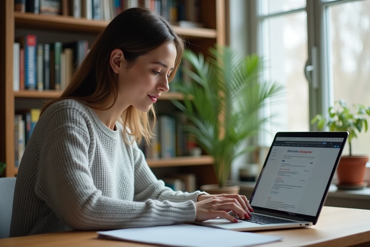 Femme consultant sa messagerie académique de Strasbourg sur un ordinateur portable depuis son bureau à domicile