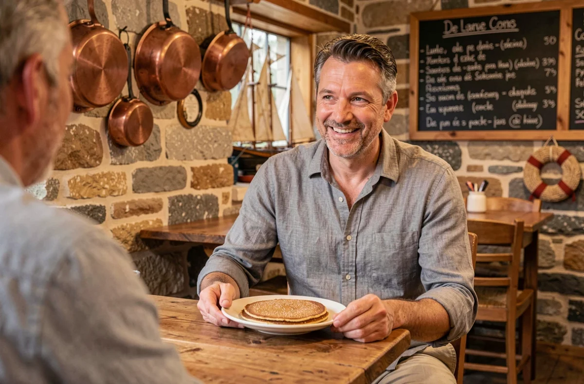 Homme dégustant une galette de sarrasin dans une crêperie bretonne traditionnelle aux murs en pierre