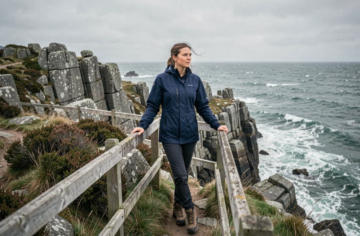 Femme en veste imperméable sur un sentier côtier en Bretagne, falaises de granit et océan Atlantique en arrière-plan