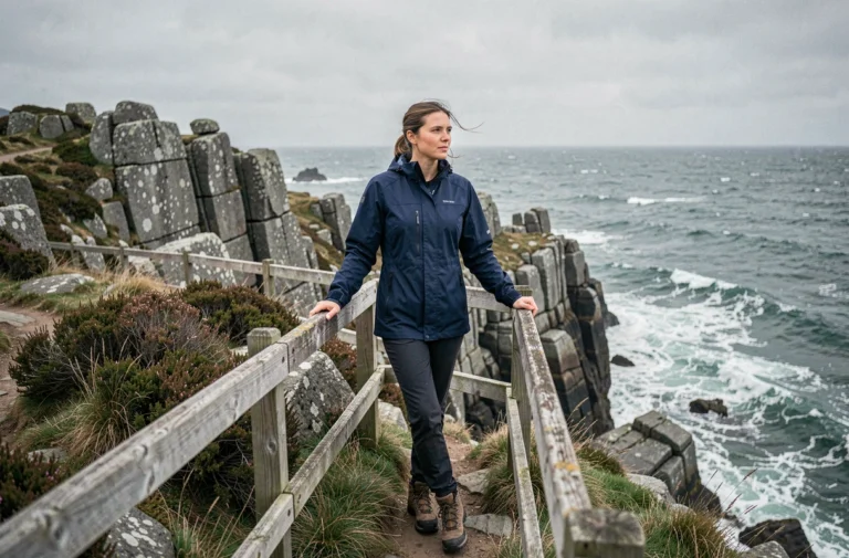 Femme en veste imperméable sur un sentier côtier en Bretagne, falaises de granit et océan Atlantique en arrière-plan