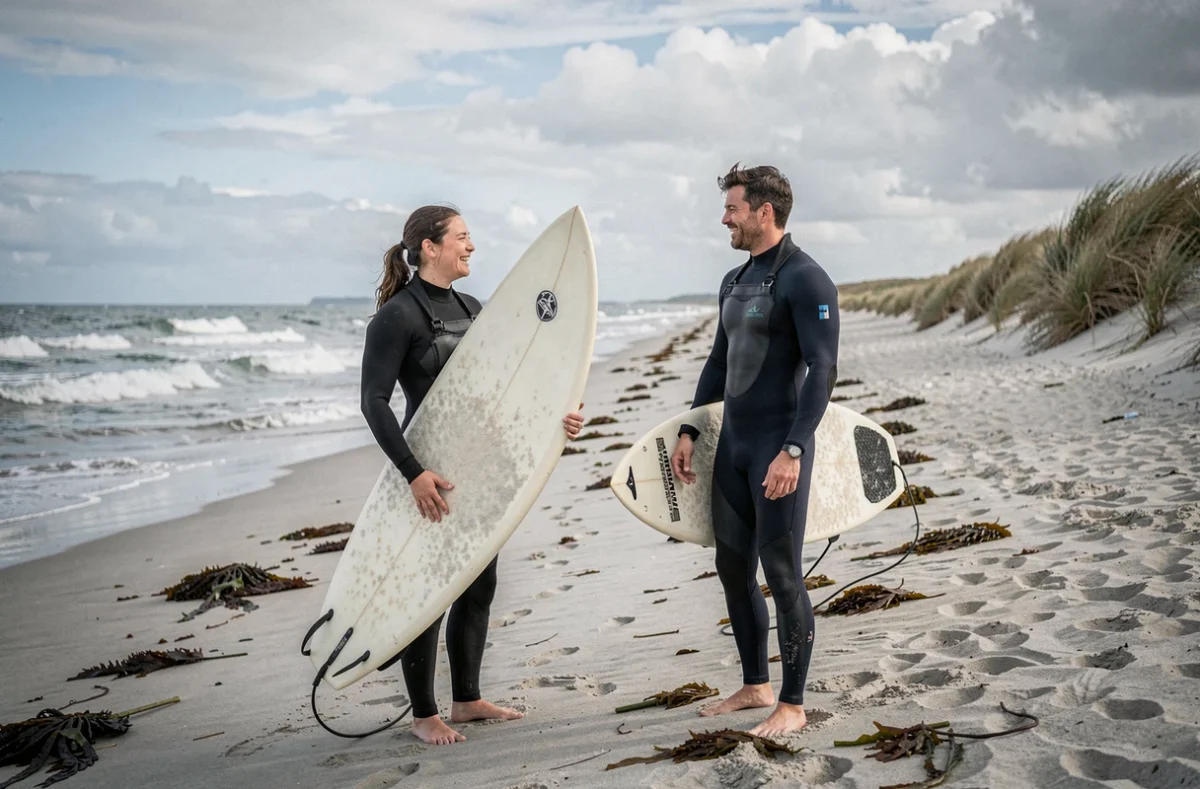 Deux surfeurs en combinaison néoprène sur une plage bretonne, planches de surf à la main avec l'océan en arrière-plan