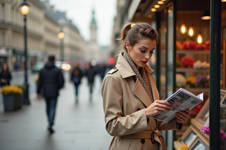 Femme parisienne élégante consultant un kiosque à journaux sur un boulevard haussmannien à Paris