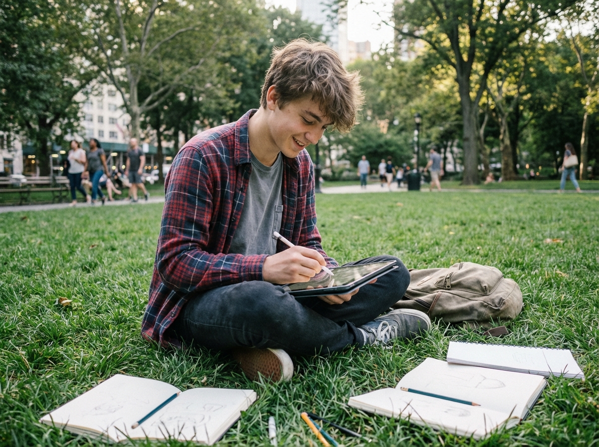 Adolescent dessinant sur tablette dans un parc