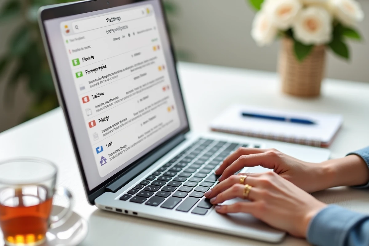 Écran d'ordinateur montrant une boîte email dédiée à l'organisation du mariage avec dossiers classés par prestataire, ouverte sur un bureau blanc avec carnet et stylo