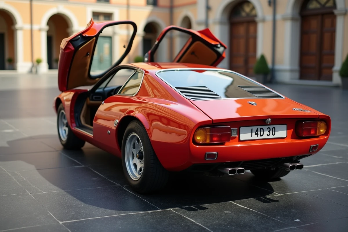 Alfa Romeo 33 Stradale orange-rouge avec portes papillon ouvertes sur une piazza italienne en basalte noir