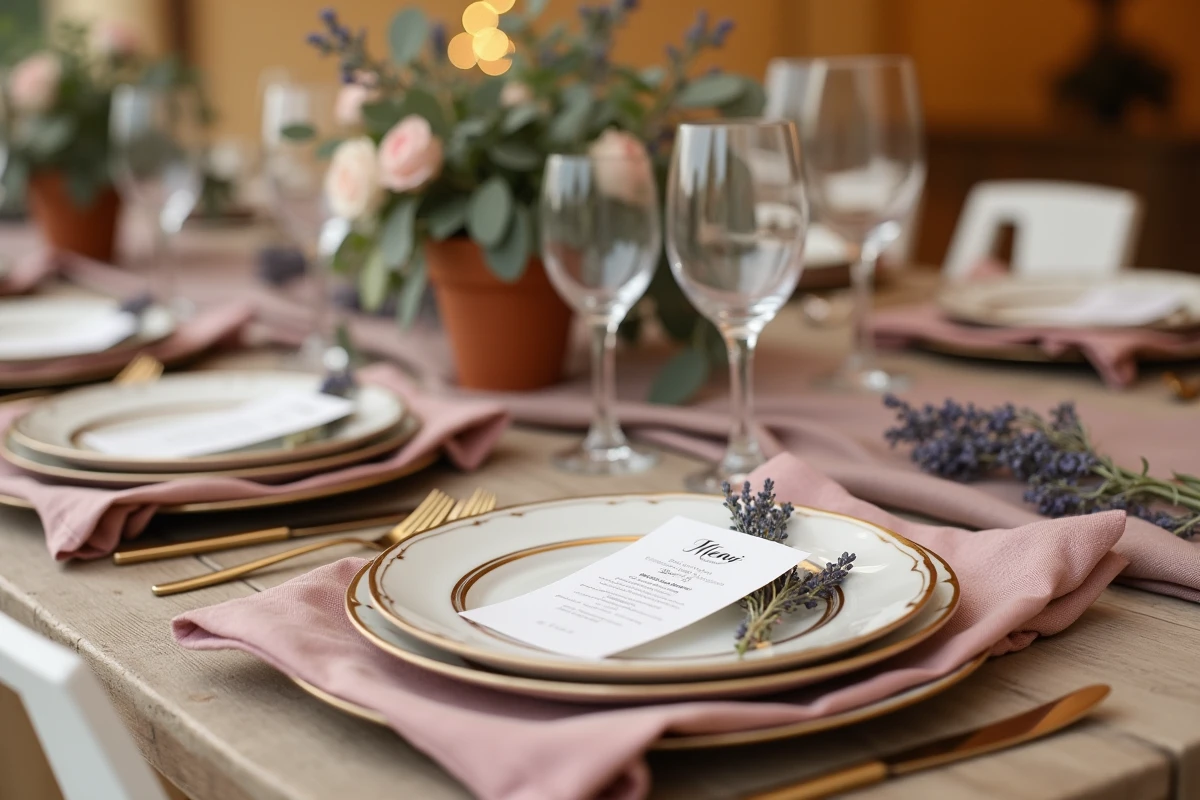 Art de la table pour un mariage avec nappes en lin, assiettes dorées, verre en cristal, menu calligraphié, fleurs séchées et couverts en laiton poli sur table en chêne