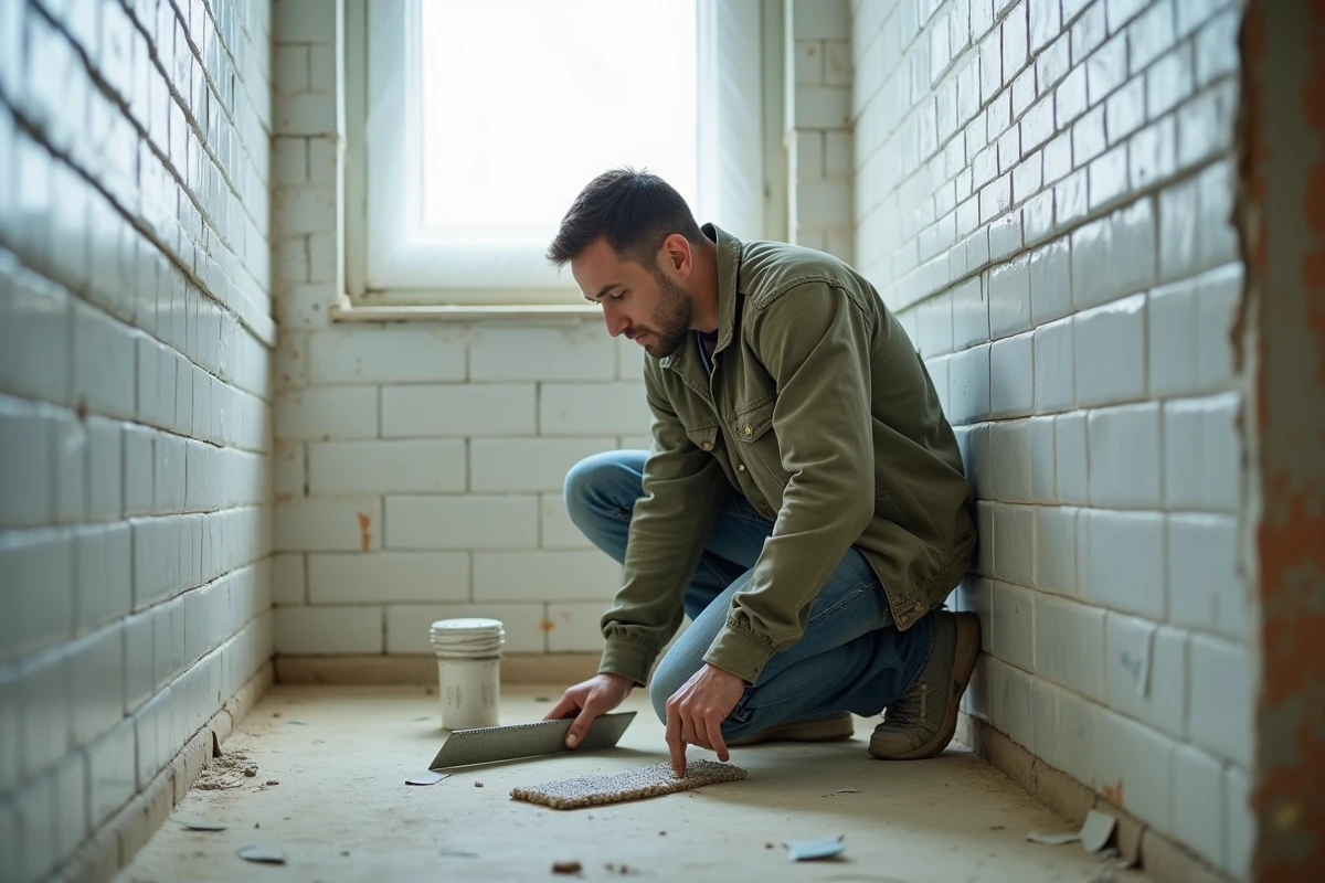Artisan posant du carrelage dans une salle de bain en cours de rénovation avec soin et précision