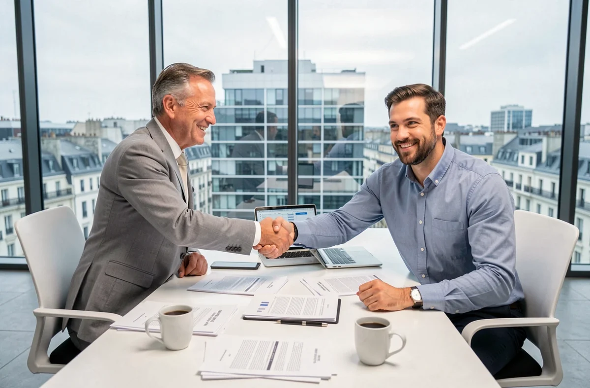 Deux associés signant un accord commercial dans une salle de réunion moderne lors de la création d'une entreprise en France