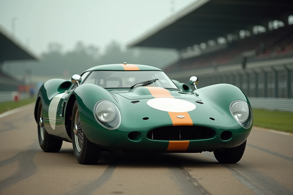 Aston Martin DBR1 vert British Racing Green dans les paddocks d'un circuit historique avec une tribune floue en arrière-plan
