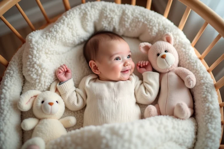 Bébé fille dans un berceau en peluche avec décor pastel