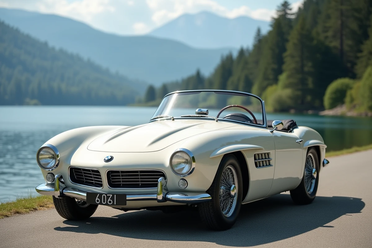 BMW 507 Roadster blanc albâtre capot ouvert au bord d'un lac bavarois avec collines boisées en arrière-plan flou