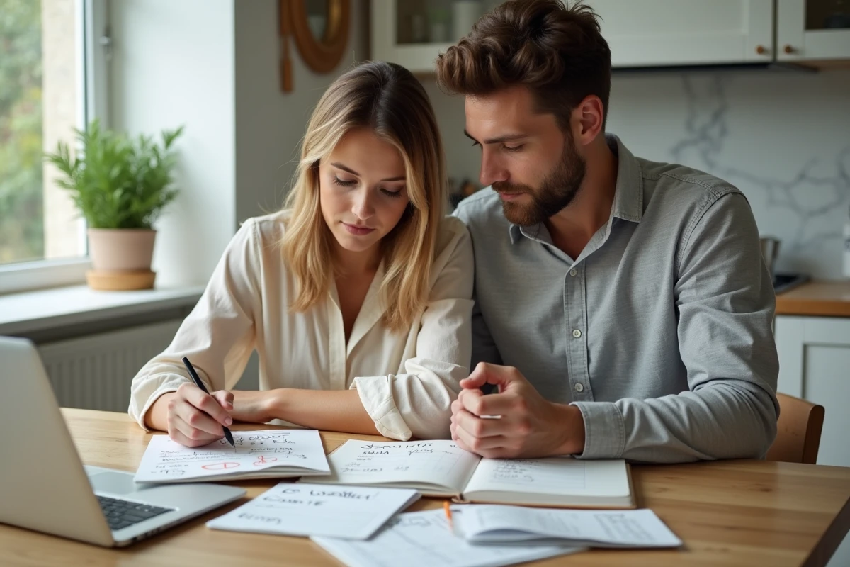 Couple en train de définir leur budget de mariage autour d'une table avec un carnet de notes manuscrites et un ordinateur portable ouvert sur un tableau de dépenses