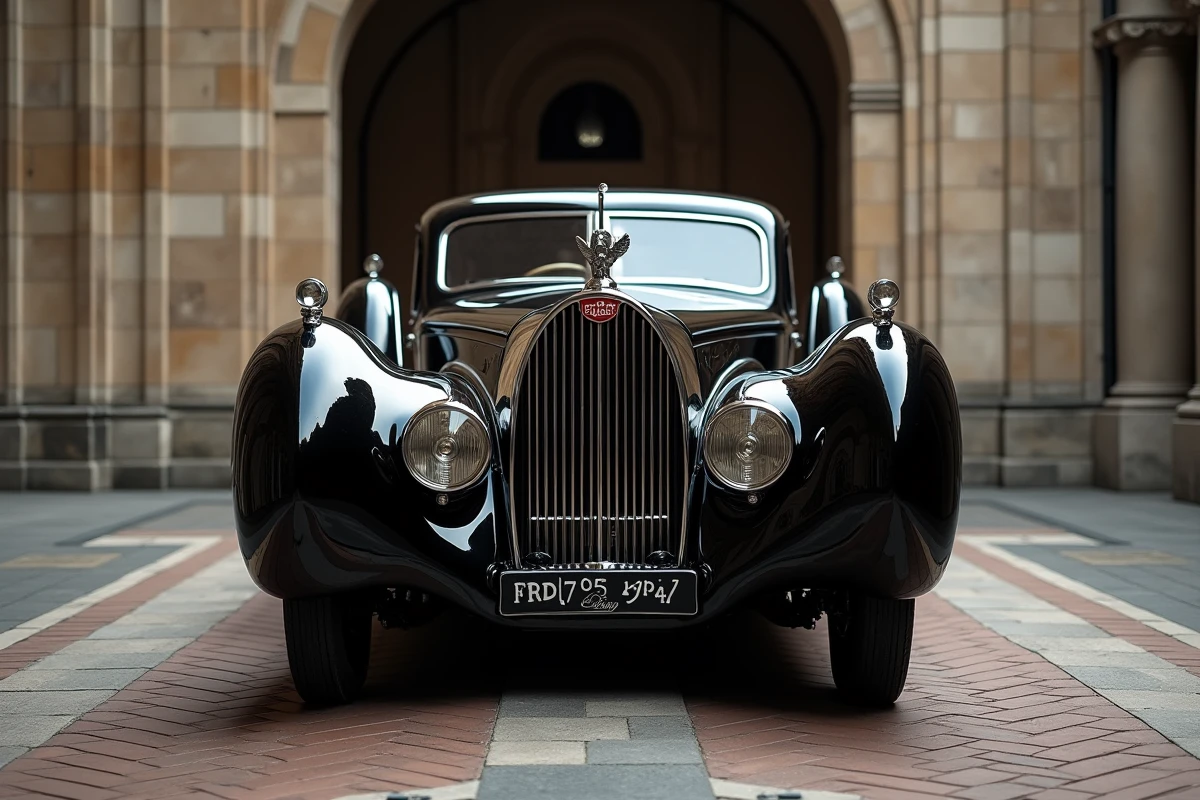 Bugatti Type 41 Royale noire avec son capot monumental et l'emblématique mascotte éléphant en chrome dans un garage néoclassique