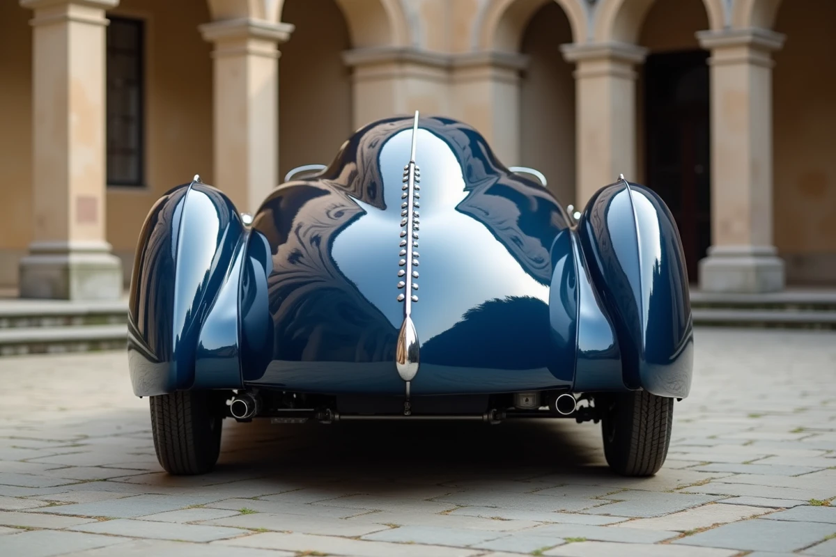 Bugatti Type 57SC Atlantic bleu nuit avec sa nervure rivetée emblématique dans une cour de château européen