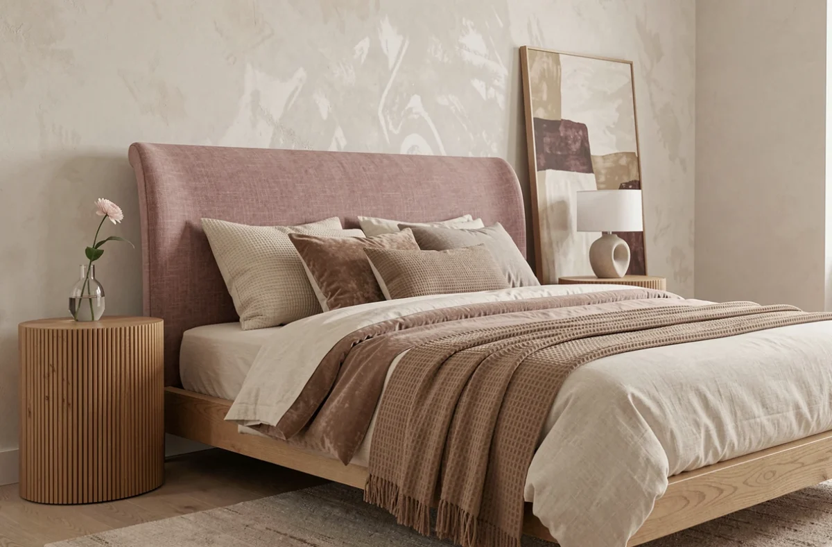 Chambre principale apaisante avec tête de lit incurvée en lin rose poudré, literie superposée en ivoire et taupe, mur en badigeon d'argile, tendance déco 2024