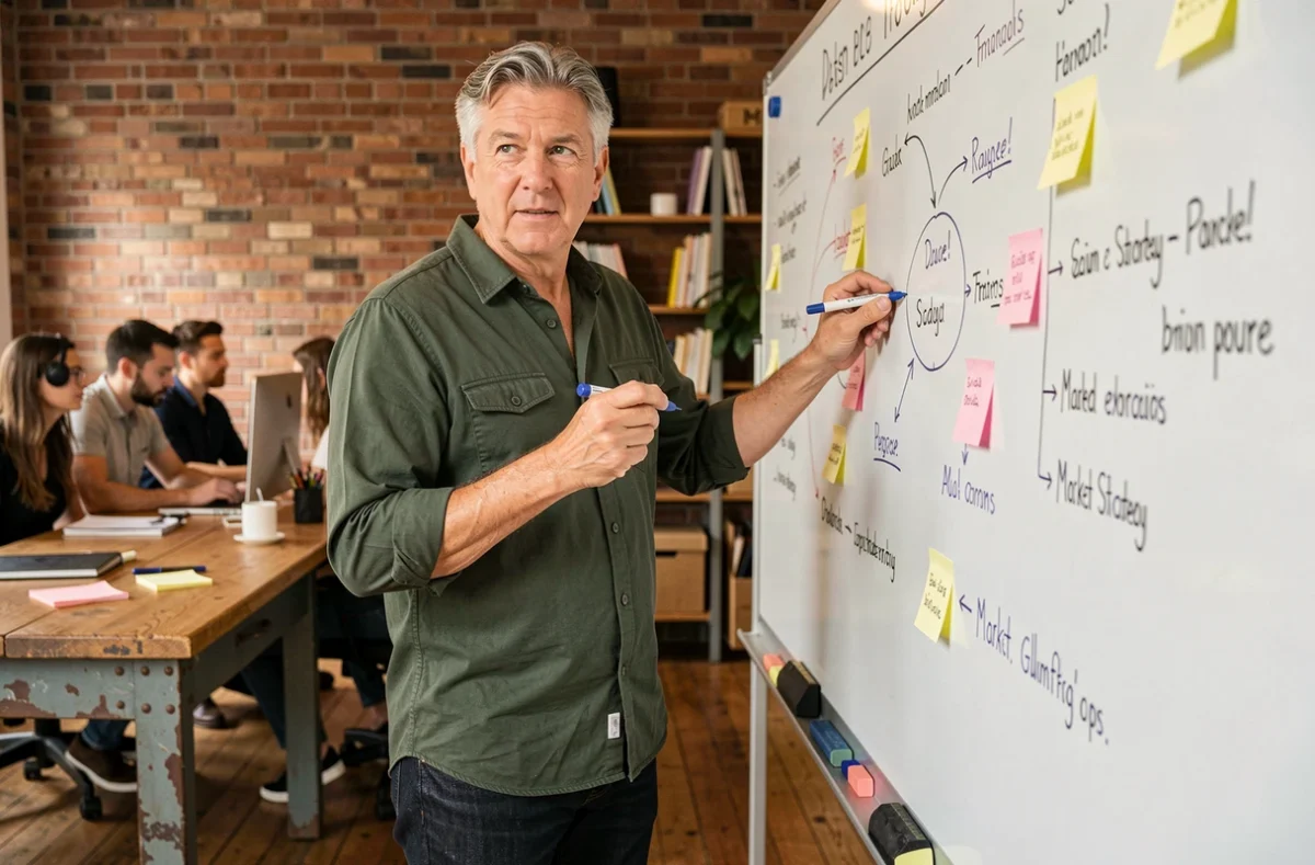 Chef d'entreprise présentant sa stratégie de lancement sur un tableau blanc dans les bureaux de sa startup française