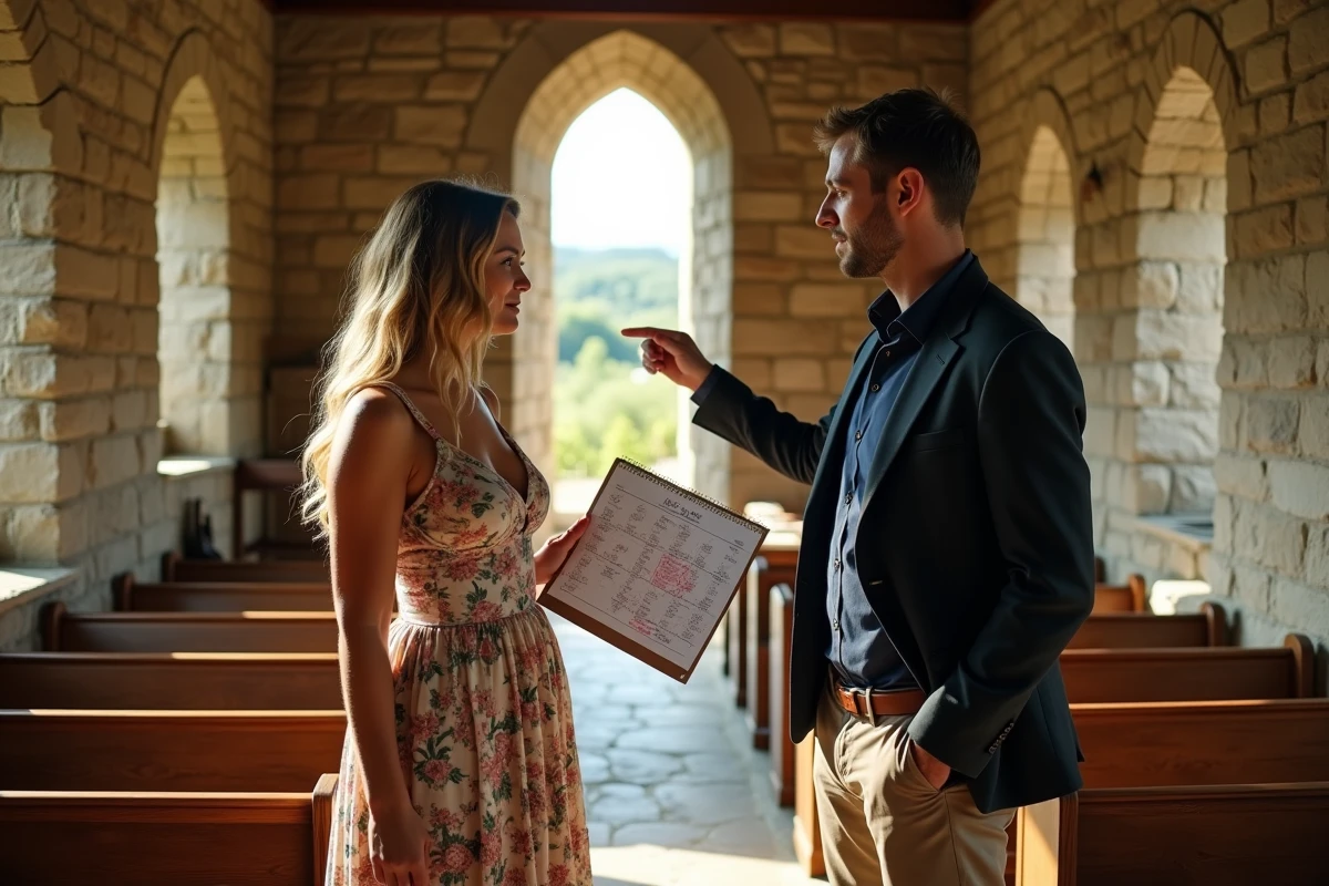 Un couple en visite d'une chapelle en pierre choisit la date de mariage en fonction des disponibilités du lieu, avec un calendrier annoté en main