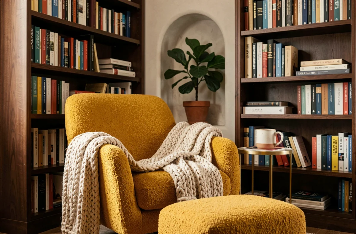 Coin lecture cosy avec fauteuil bouclé jaune moutarde, bibliothèque en noyer et plante verte dans alcôve, tendance déco 2024
