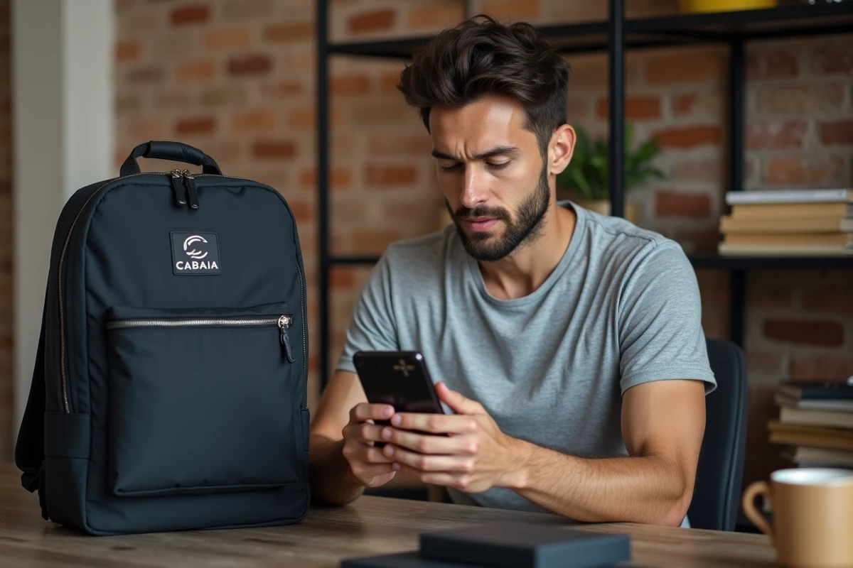 Homme comparant l'étiquette d'un sac Cabaia avec le site officiel sur smartphone pour détecter un faux