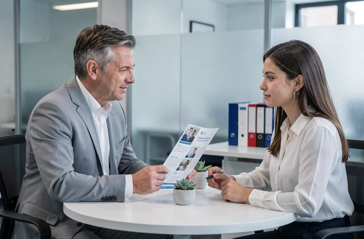 Conseiller en assurance discutant d'une couverture adaptée avec une cliente dans un bureau professionnel