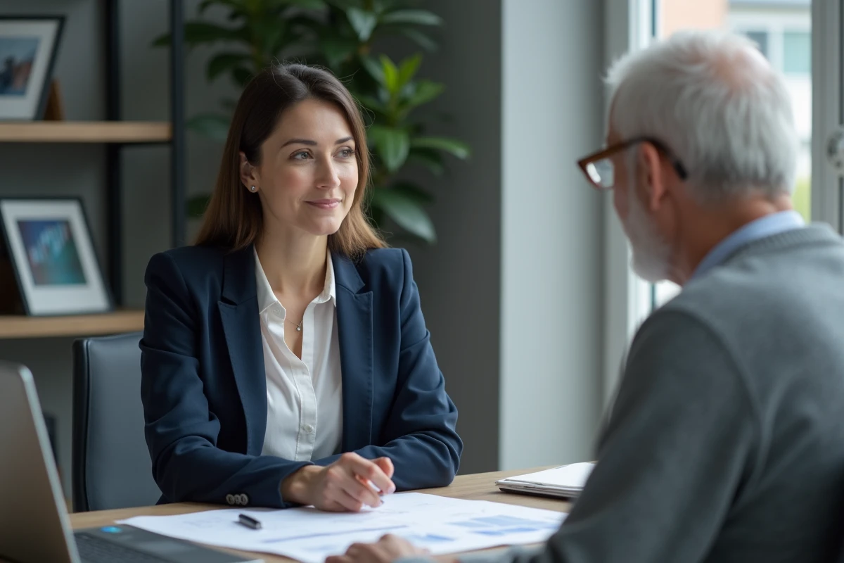 Conseillère financière présentant un plan de retraite à un homme âgé dans un bureau moderne
