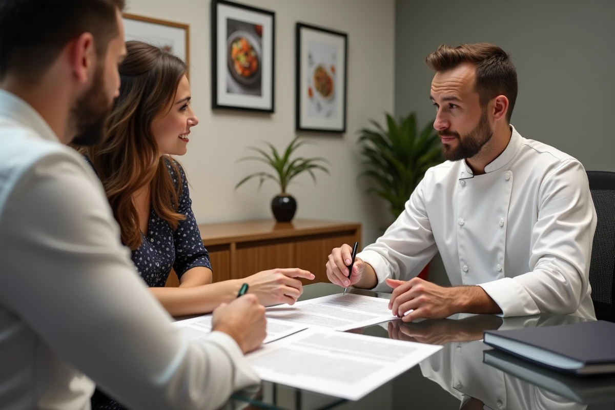 Couple de futurs mariés examinant et s'apprêtant à signer un contrat écrit avec leur traiteur de mariage, autour d'un bureau vitré dans un bureau professionnel