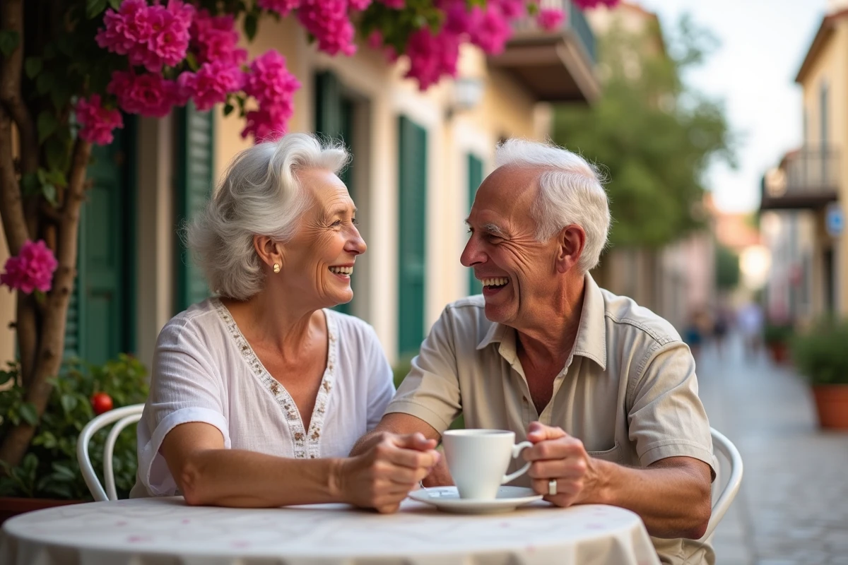 Couple âgé riant au café en vieille ville de Corfu
