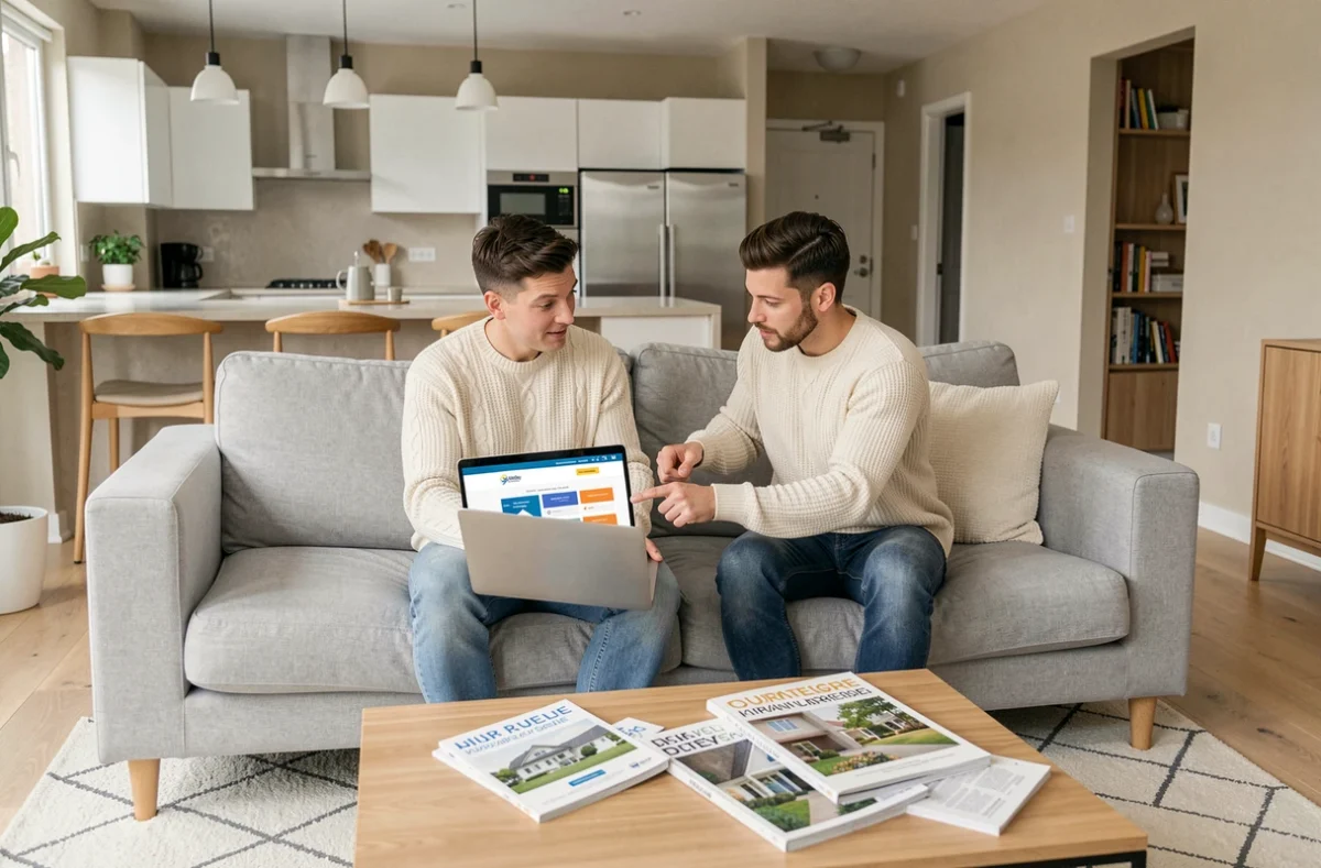 Couple comparant des offres d'assurance sur ordinateur portable dans leur salon moderne