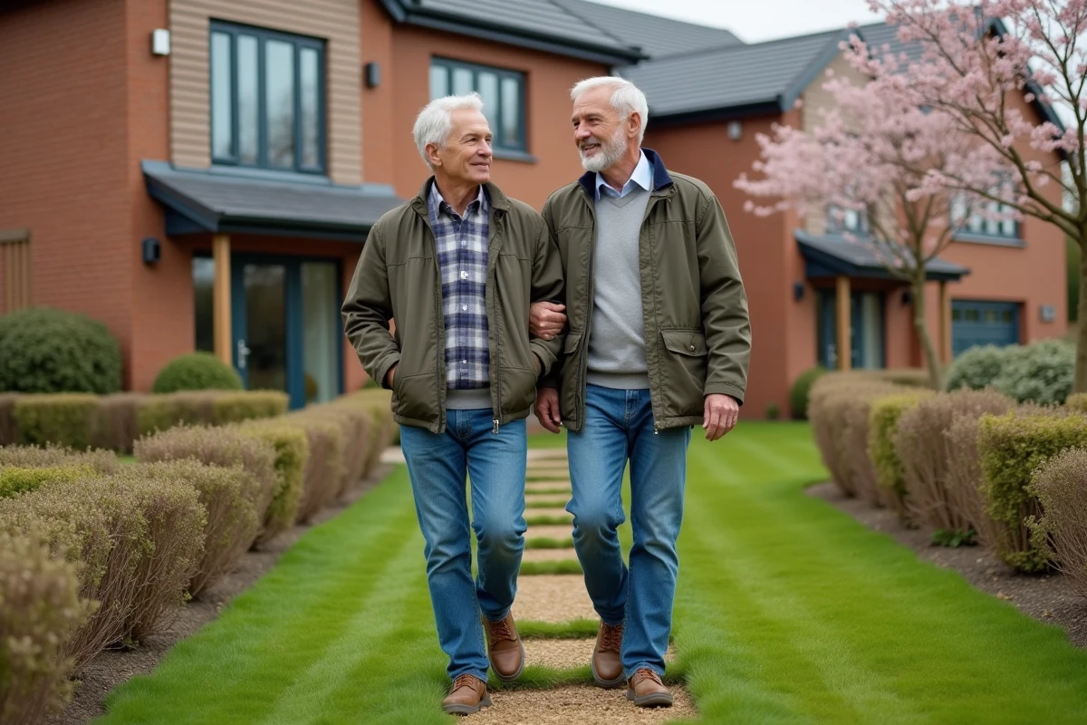 Couple dans un jardin devant une maison neuve