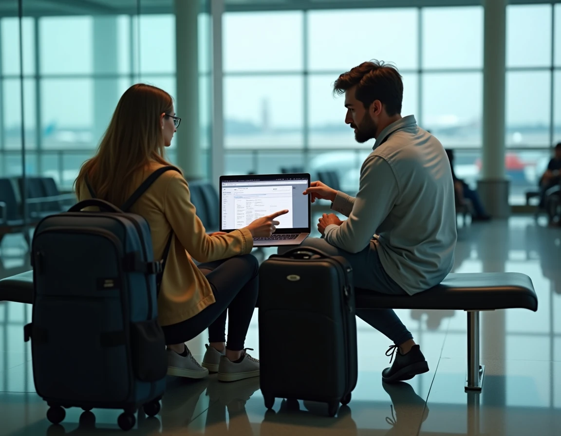 Couple planifiant leur voyage depuis un aéroport grâce à un plan de site web structuré