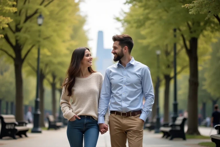 Couple souriant dans un parc urbain en extérieur