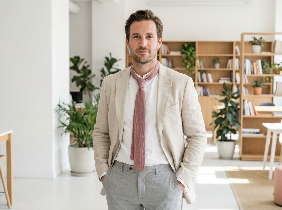 Homme en cravate rose poudré avec blazer en lin et pantalon gris dans un espace de coworking moderne