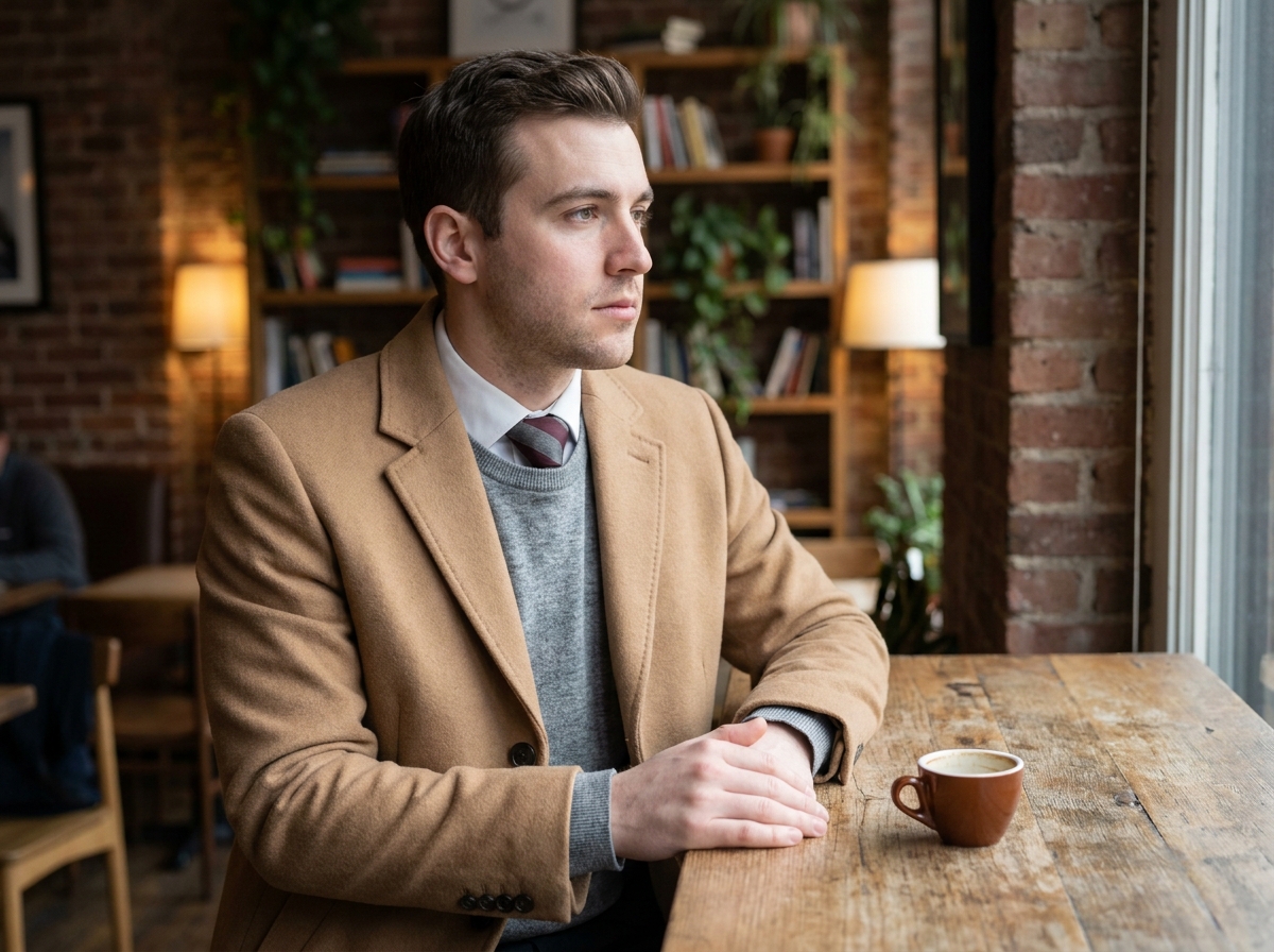Homme portant une cravate fine sous un pull col rond et un manteau camel, assis dans un café avec un espresso