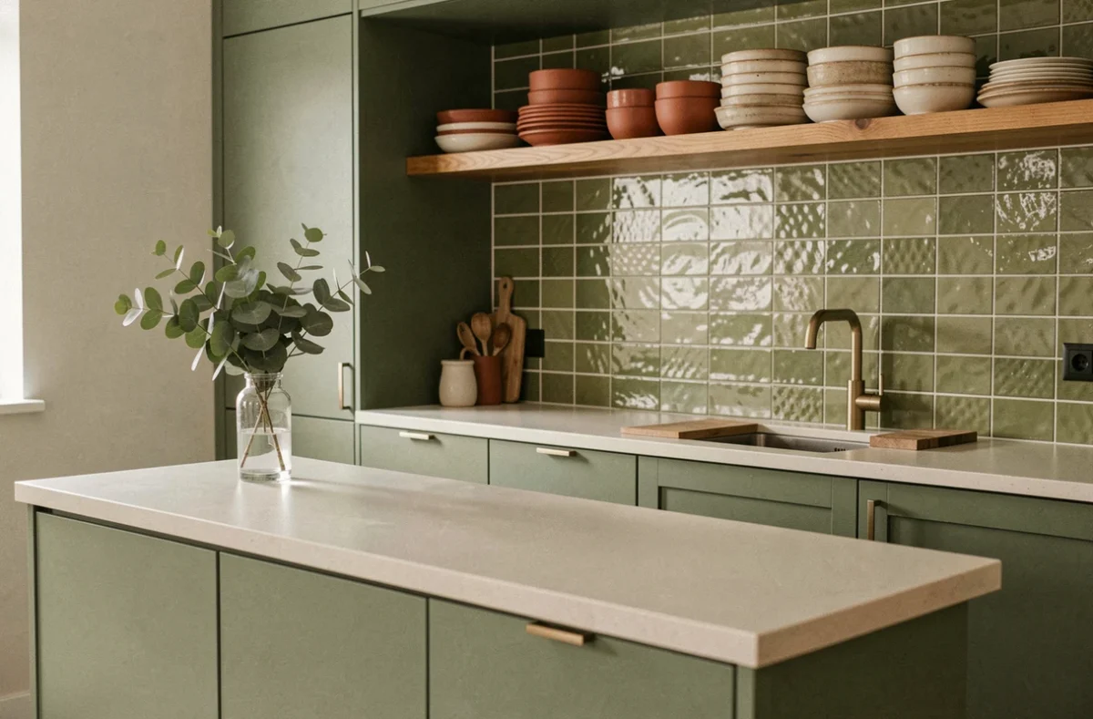 Cuisine contemporaine avec armoires vert sauge, carrelage zellige et étagères ouvertes en céramique artisanale, tendance déco intérieur 2024