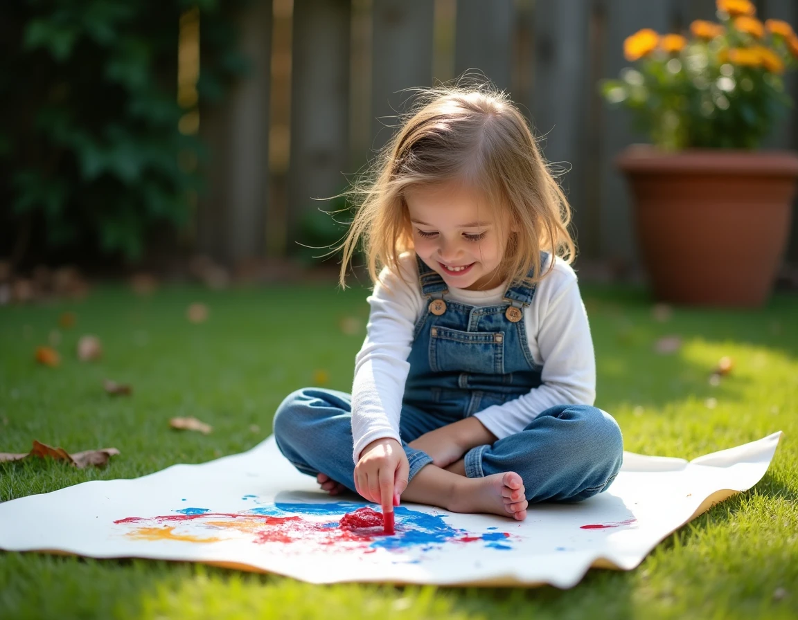 Jeune fille peignant sur une grande feuille posée dans l'herbe d'un jardin, mains colorées et sourire spontané