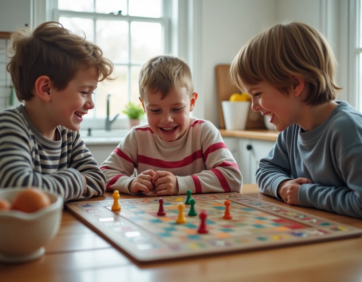 Trois enfants souriants jouant à un jeu de société autour d'une table en bois dans une salle à manger familiale