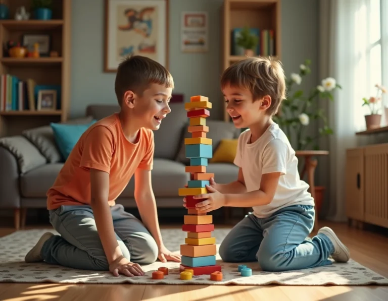 Deux garçons concentrés en train de construire une tour de cubes colorés sur un parquet en bois dans un salon chaleureux