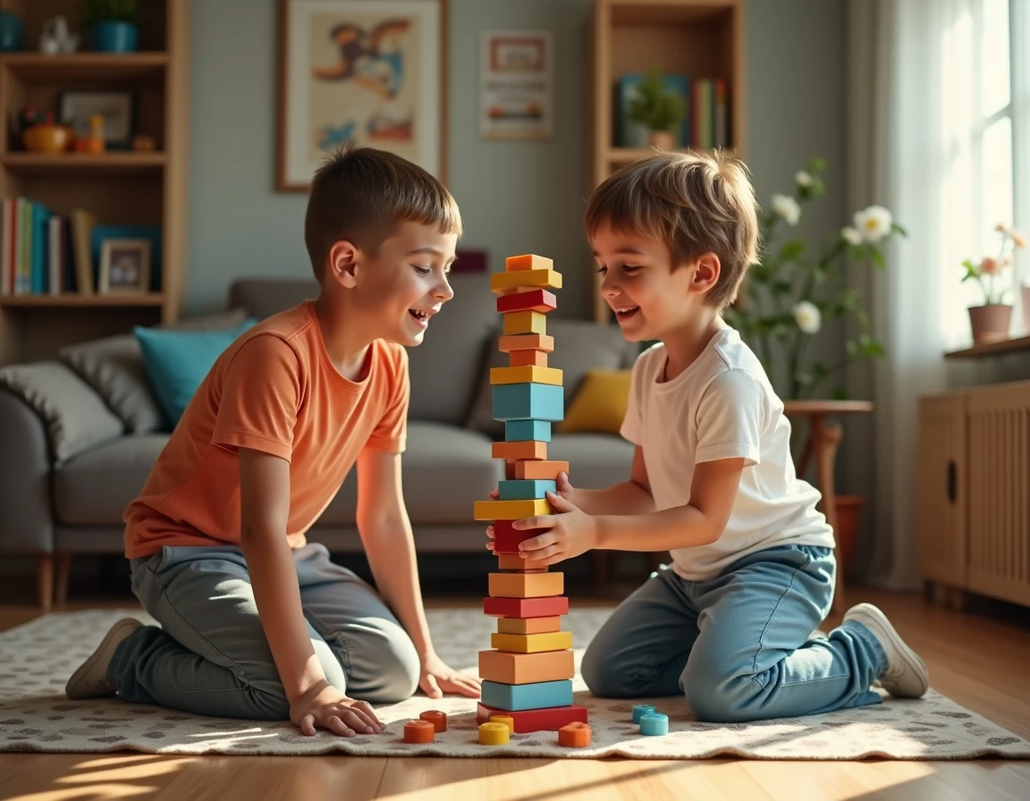 Deux garçons concentrés en train de construire une tour de cubes colorés sur un parquet en bois dans un salon chaleureux