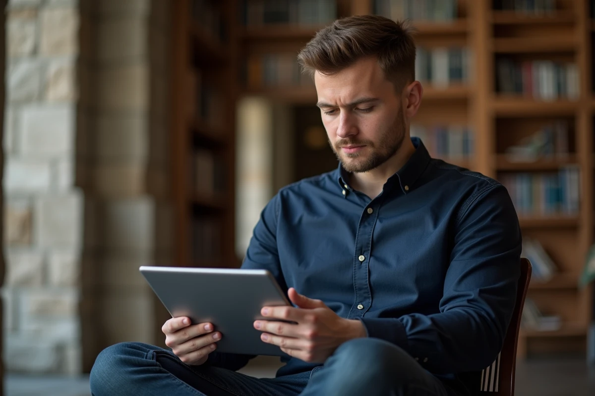 Étudiant accédant à la messagerie académique de Strasbourg depuis une tablette dans une bibliothèque universitaire