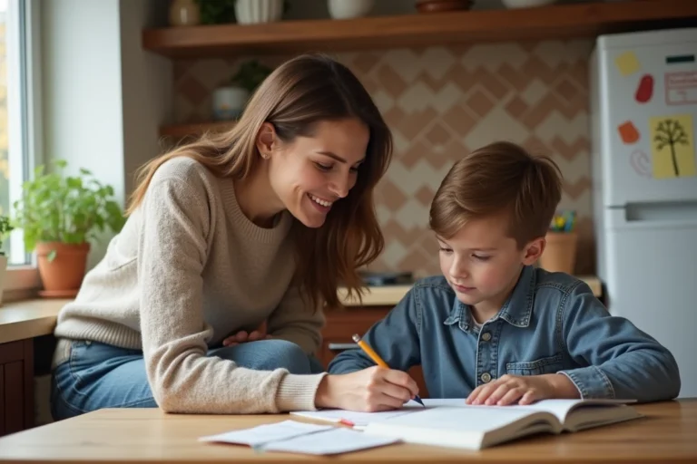 Famille à la maison aidant aux devoirs avec la mère et son fils