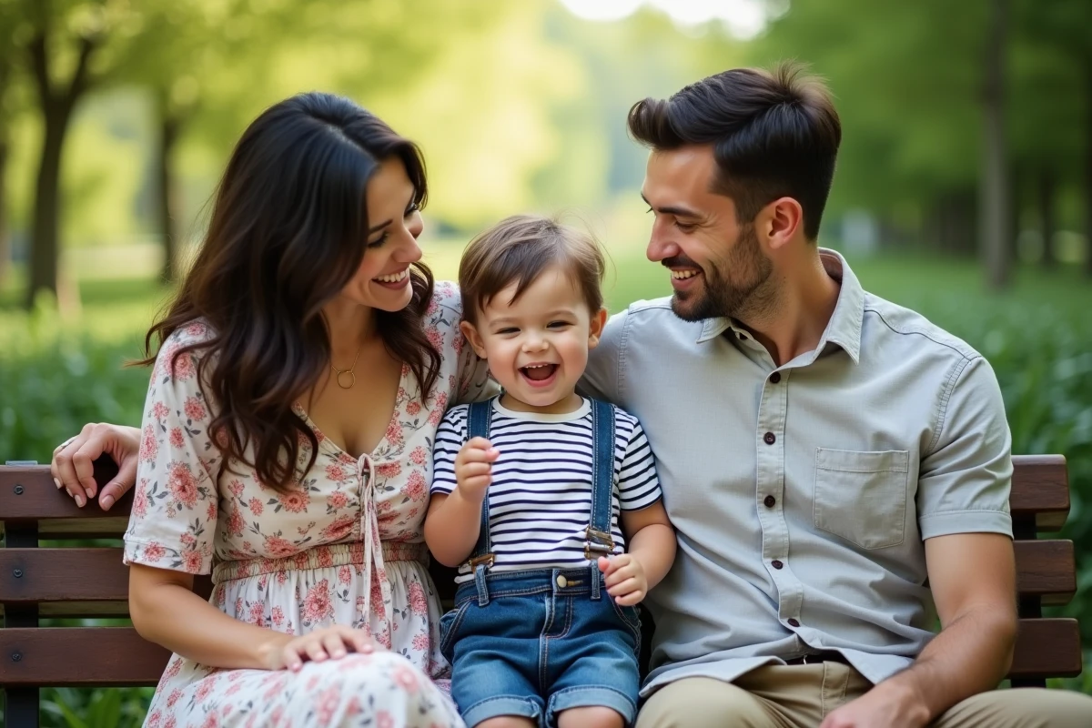 Famille heureuse avec un jeune enfant assis sur un banc dans un parc verdoyant