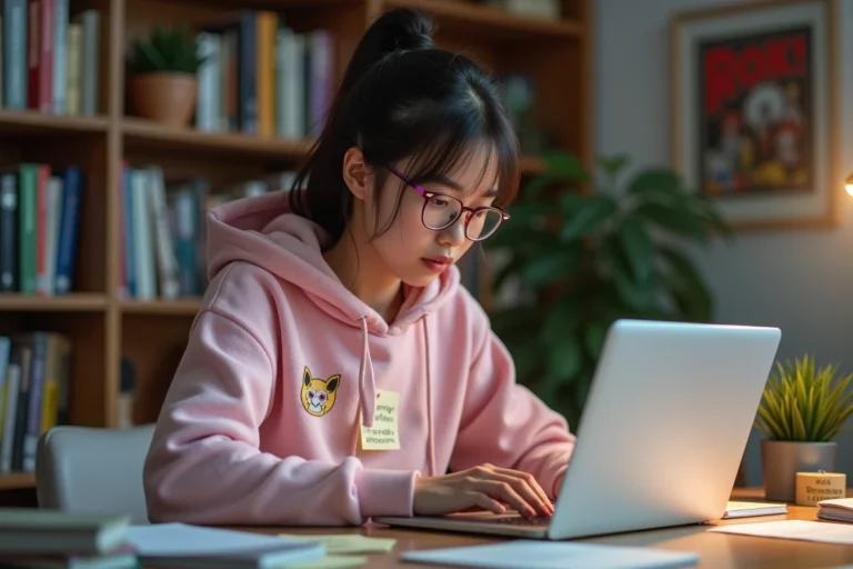 Fan geek féministe découvrant des révélations et leaks sur son ordinateur portable dans un bureau décoré de figurines et mangas