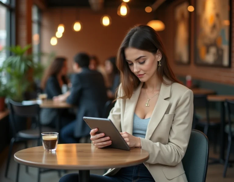 Femme consultant les dernières actualités sur une tablette dans un café moderne