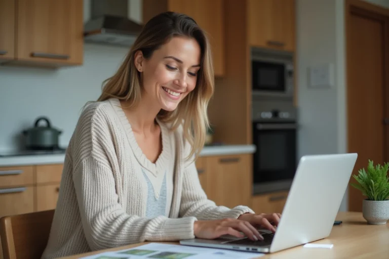 Femme souriante à la cuisine avec factures et ordinateur