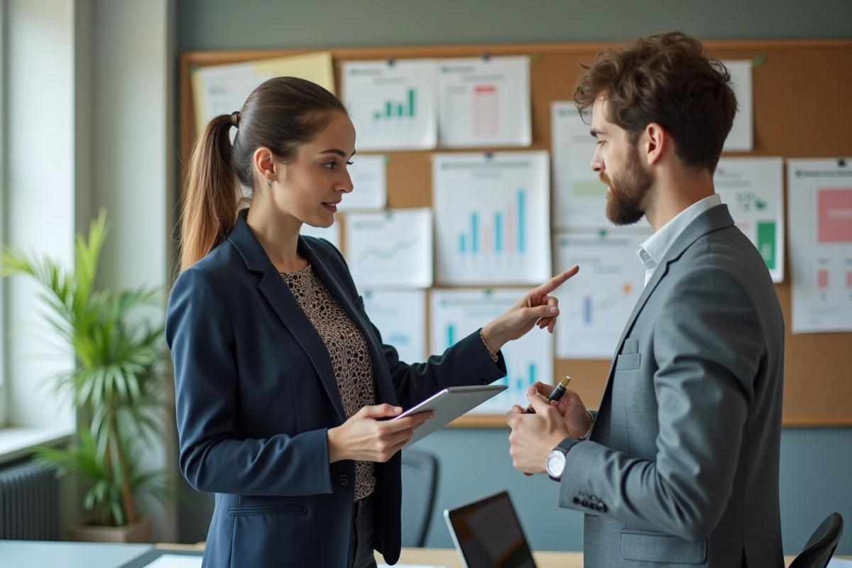 Femme en réunion discutant avec un collègue et un graphique