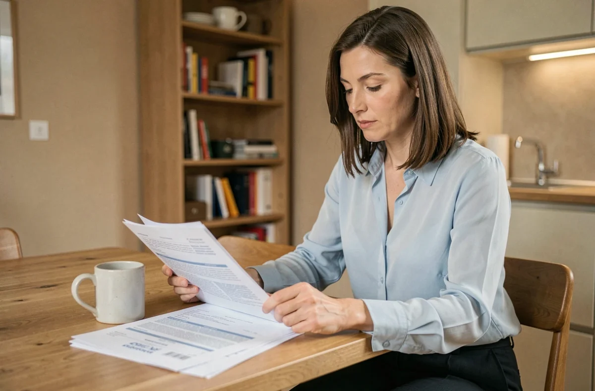 Femme consultant des documents d'assurance auto à sa table de cuisine, comparant les offres pour choisir la meilleure couverture