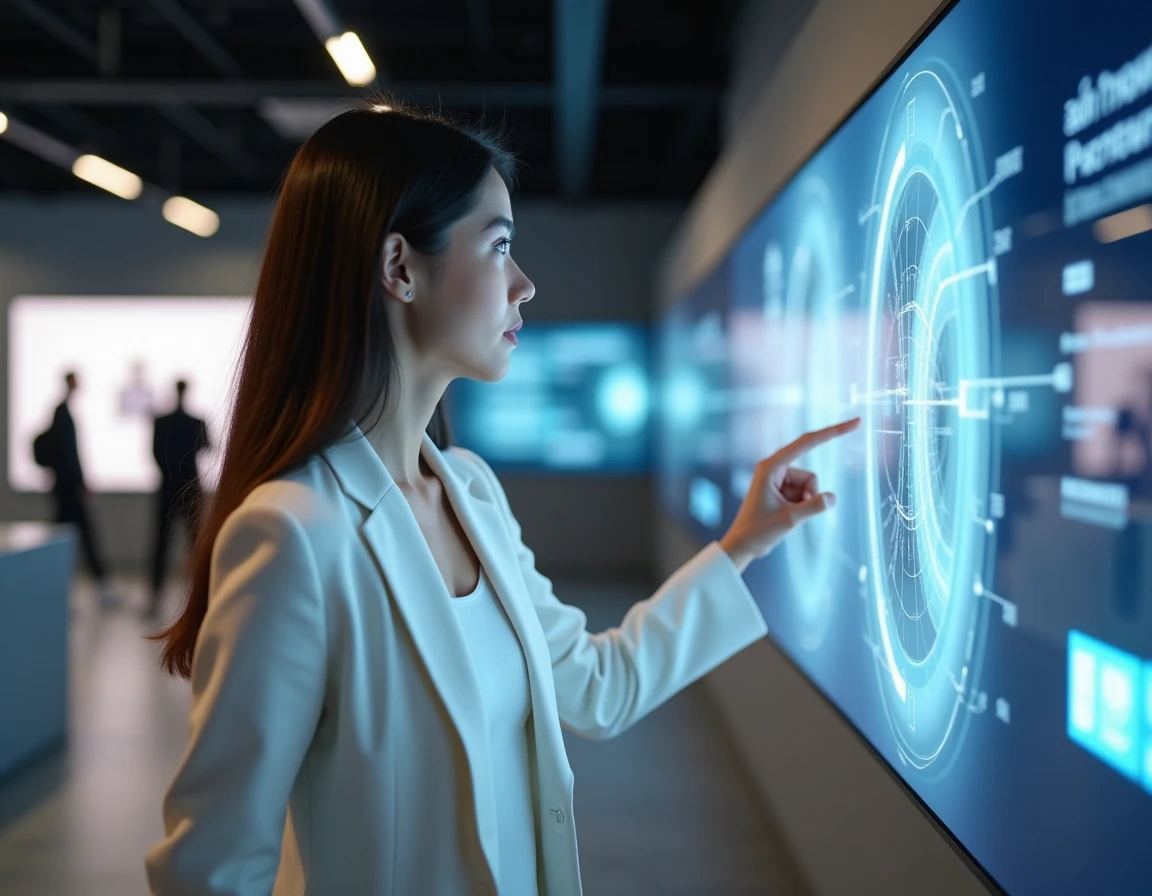 Professionnelle présentant des tendances technologiques sur un écran tactile interactif dans un showroom high-tech