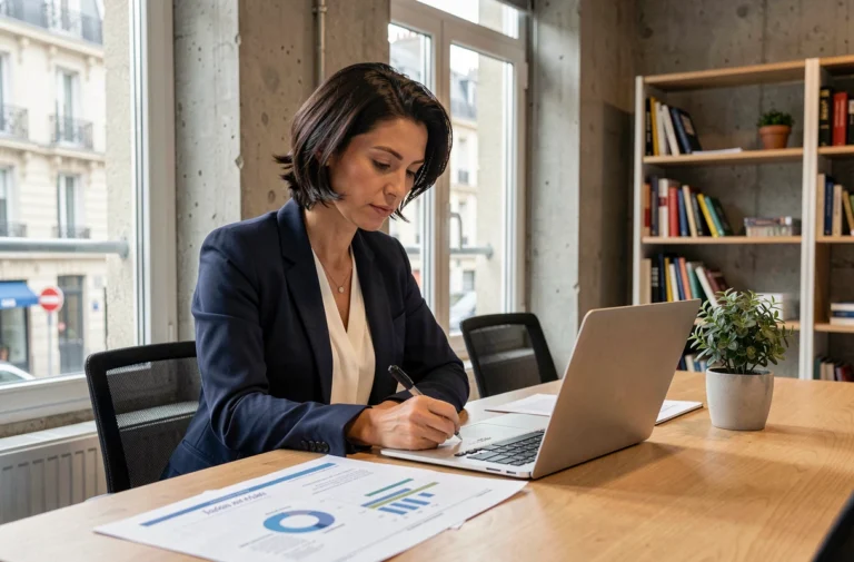 Femme entrepreneur rédigeant un business plan dans un espace de coworking parisien pour lancer sa startup