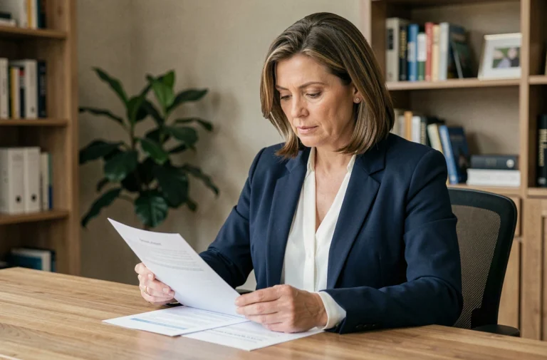 Femme d'affaires étudiant ses documents d'assurance à son bureau à domicile en 2024