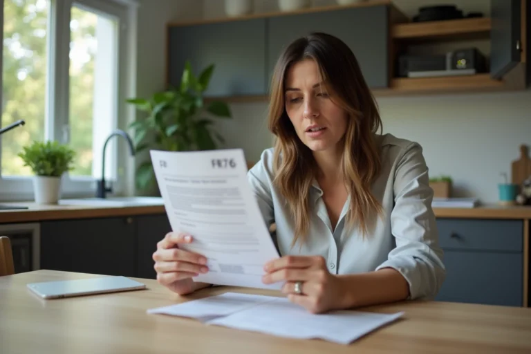 Femme française examine un relevé bancaire à la maison
